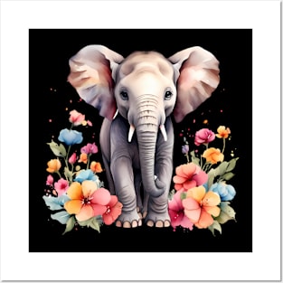 An elephant decorated with beautiful watercolor flowers Posters and Art